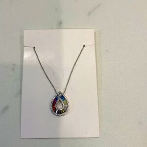 Silver multi colored teardrop pendant necklace, Rhinestones, NWOT
